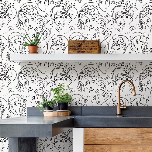 Nu Wallpaper Ladies Who Lunch Black Peel and Stick Wallpaper for Kitchen Feature Walls
